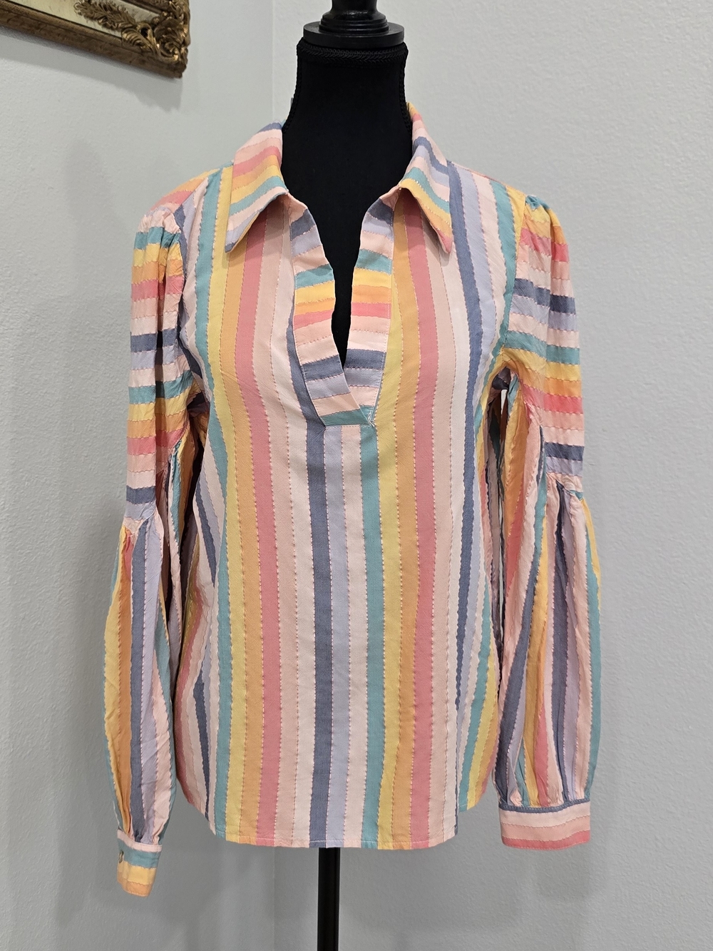 Anthropologie Amadi Rainbow Stripe Balloon Sleeve Blouse XS NWT - Picture 3 of 9